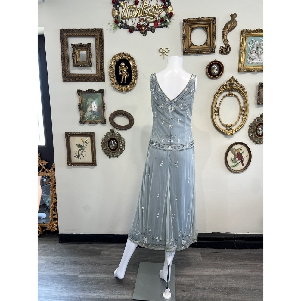 Vintage antique 1940s Slate Blue Beaded Mesh Flapper Midi Dress Size 8 - Picture 3 of 8